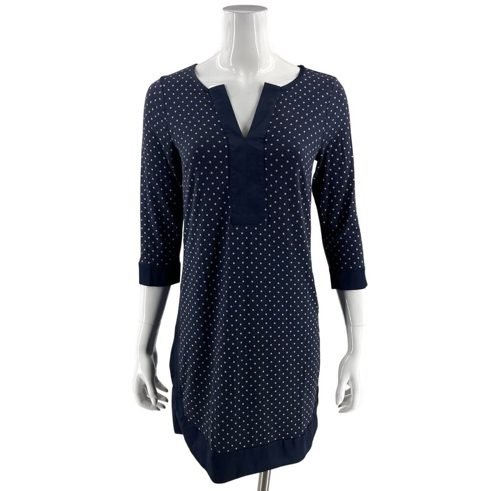 Ann Taylor Womens Dress Size Small Petite Navy Blue White Polka Dot Split Neck